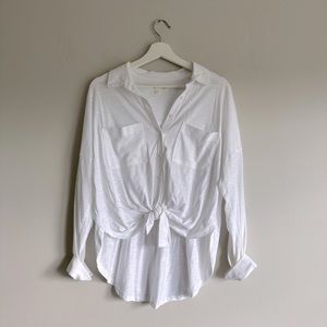 LOFT Lou and Grey Cotton Long Sleeve High Low Tie Front Blouse White